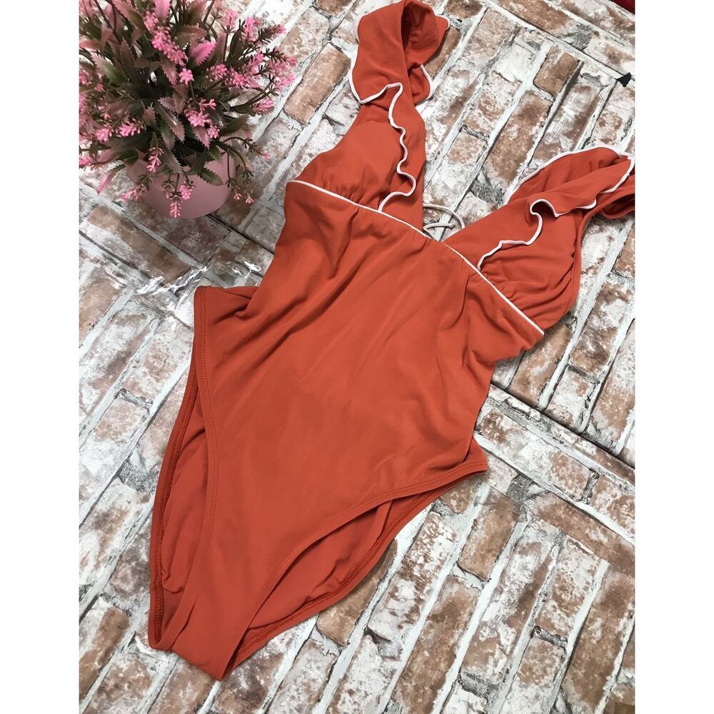 Robin Piccone One Piece Swimsuit Ruffled Deep V Women’s 8 Orange Lightly Padded